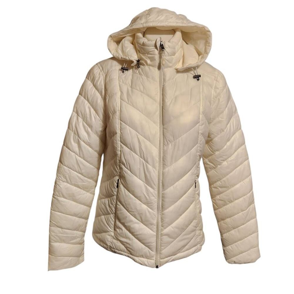 Tek Gear Warm Tek ladies cream puffer jacket removable hood medium